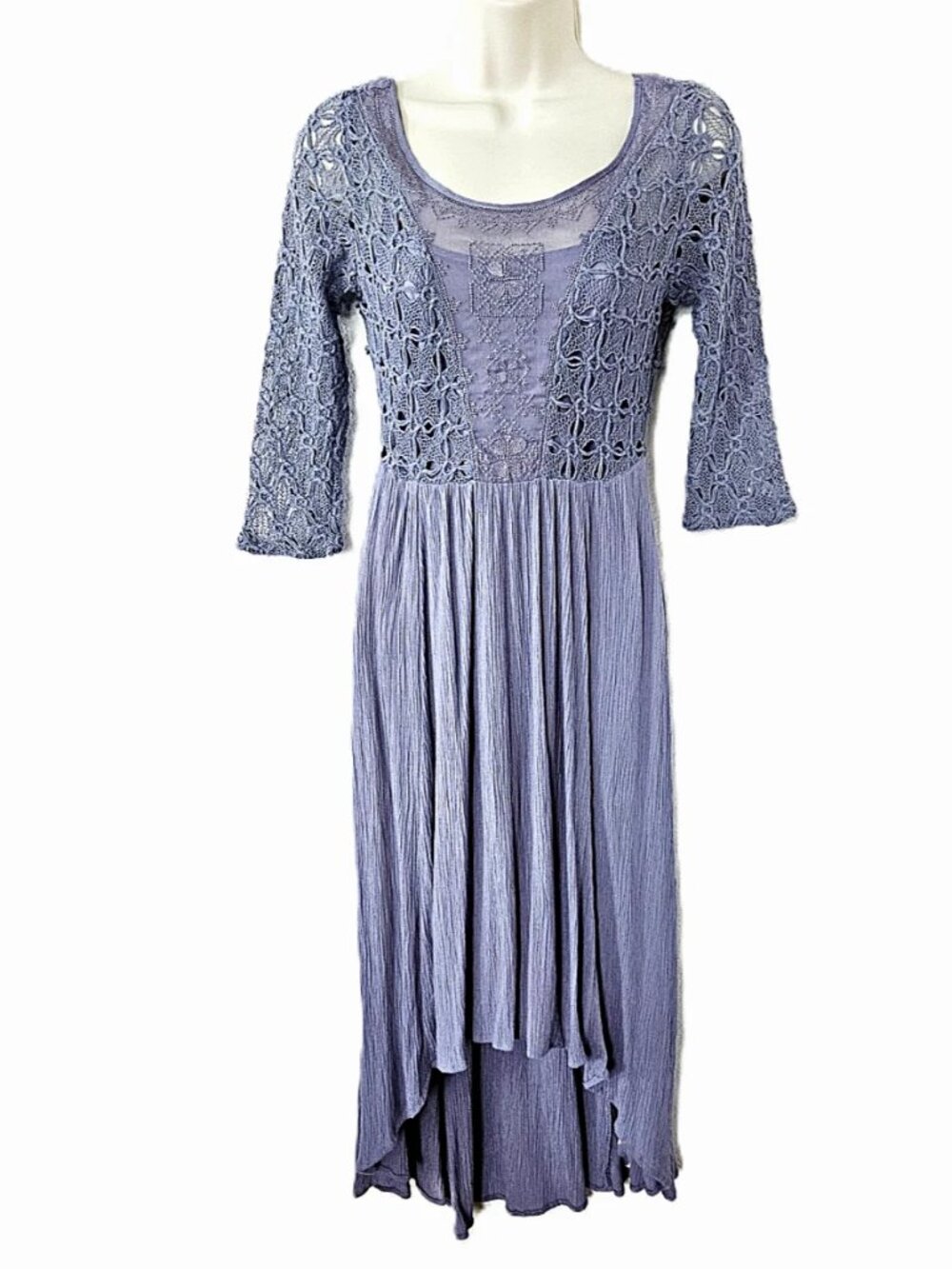 Free People Purple Crochet Lace Hi Lo 3/4 Sleeve Gauze Dress w/ Slip Size 2 Boho
